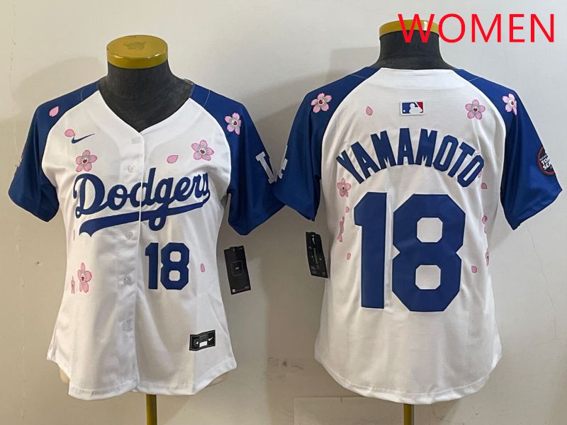 Women Los Angeles Dodgers #18 Yamamoto White Blue Sakura Edition 2025 Nike MLB Jersey style 7